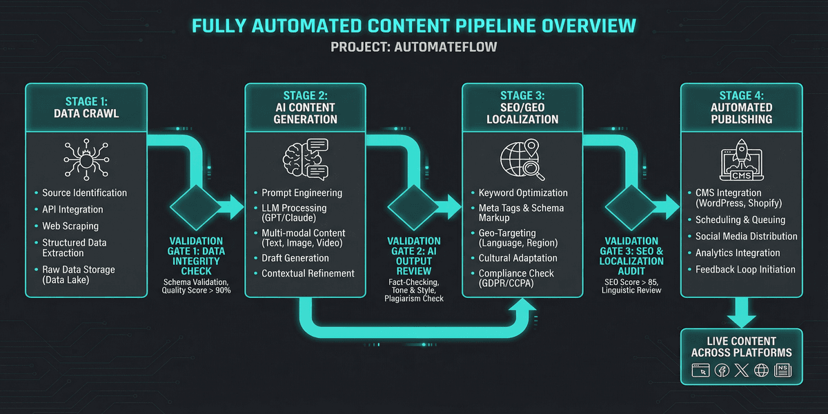 The automation pipeline overview — data crawl, AI generation, SEO/GEO localization, and automated publishing stages